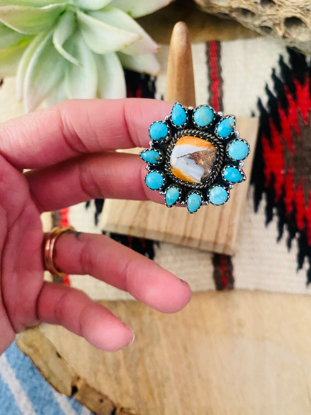 Handmade Sterling Silver, Spice & Turquoise Cluster Adjustable Ring