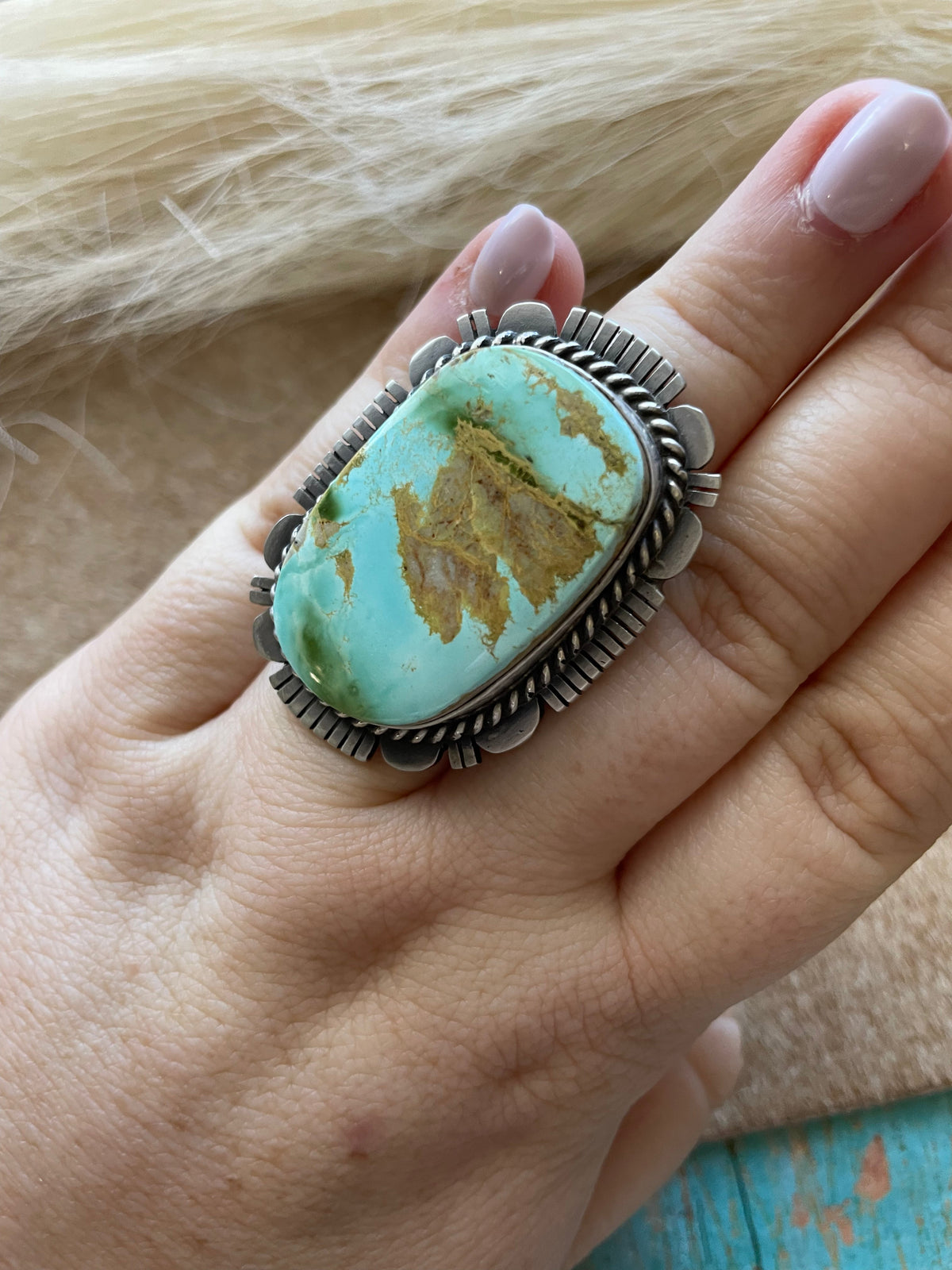 Handcrafted Turquoise & Sterling Silver Ring Size 6.5 Signed Russell Sam