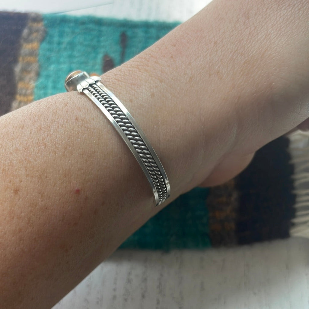 Handcrafted  Spice And Sterling Silver Single Stone Adjustable Cuff Bracelet