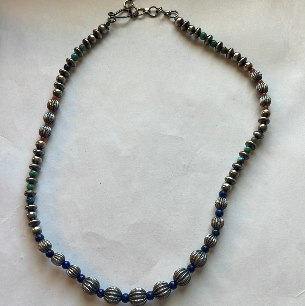 Handmade Sterling Silver & Multi Stone & Lapis Beaded Necklace 16” + extender