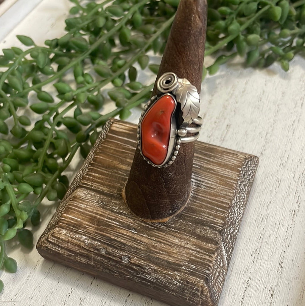 Handcrafted Coral & Sterling Silver Feather Ring Signed