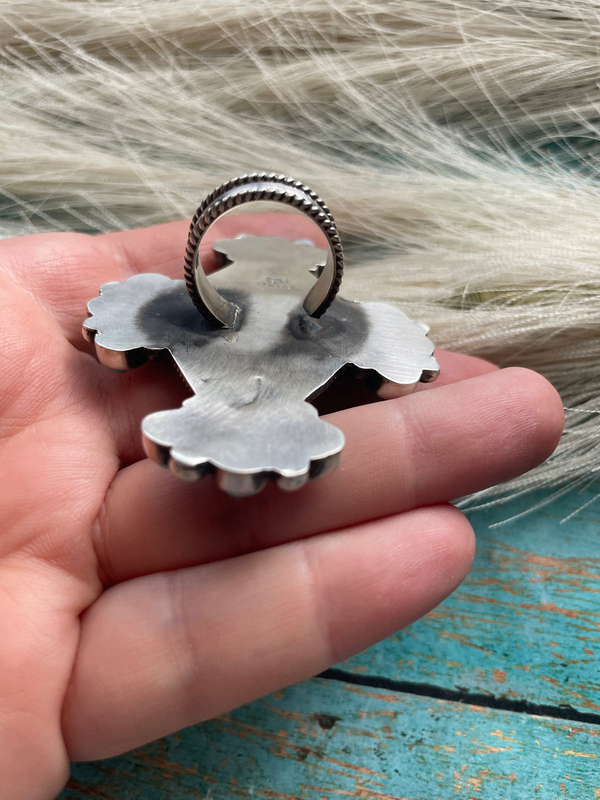Handcrafted Turquoise & Sterling Silver Statement Cluster Adjustable Ring