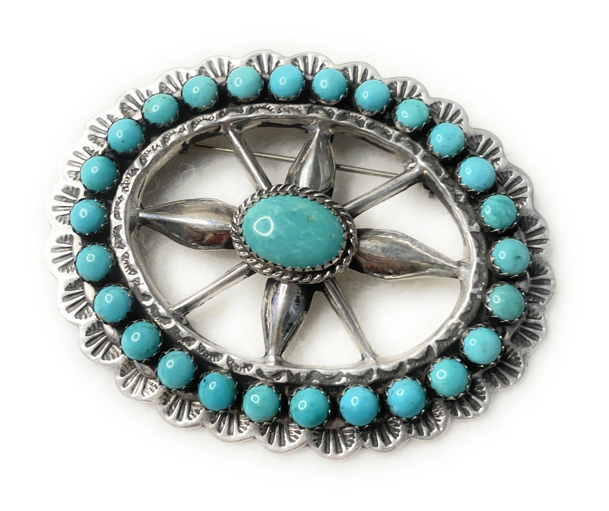 Handcrafted Turquoise And Sterling Silver Pendant Pin Signed