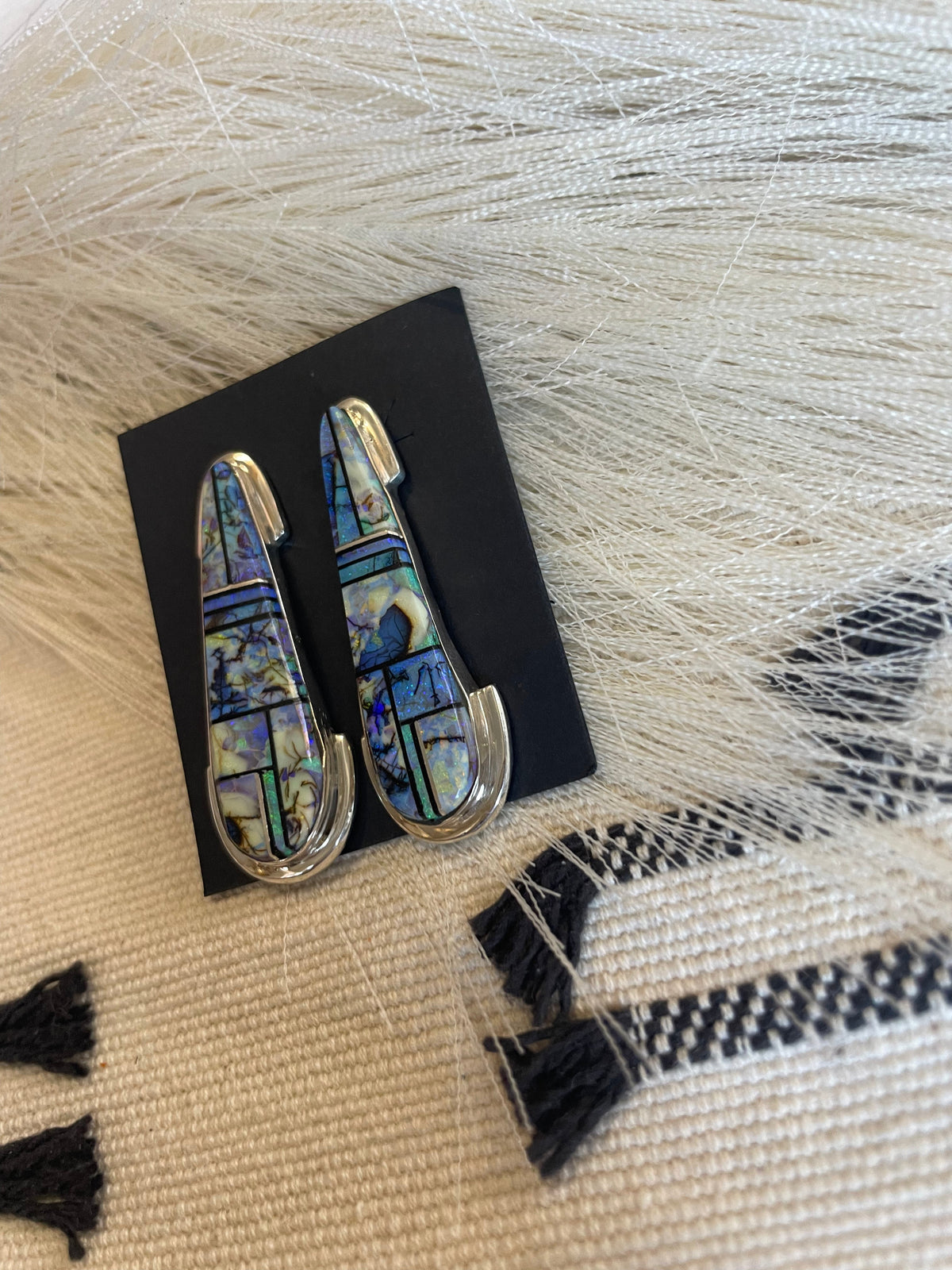 Handcrafted Blue Opal Inlay & Sterling Silver Dangle Earrings Signed VS