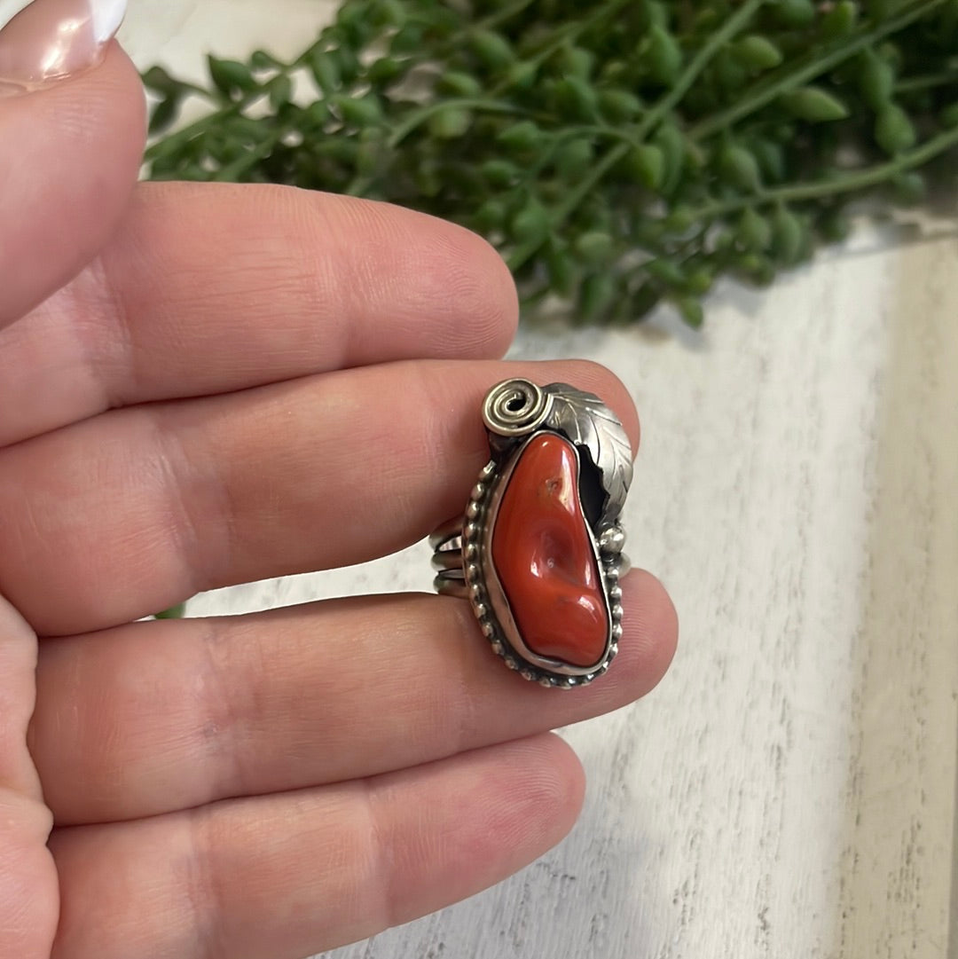 Handcrafted Coral & Sterling Silver Feather Ring Signed