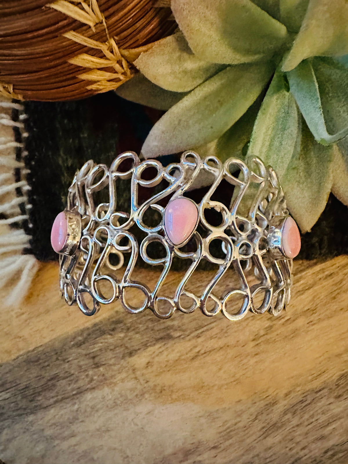 Handcrafted Queen Pink Conch Shell & Sterling Silver Cuff Bracelet