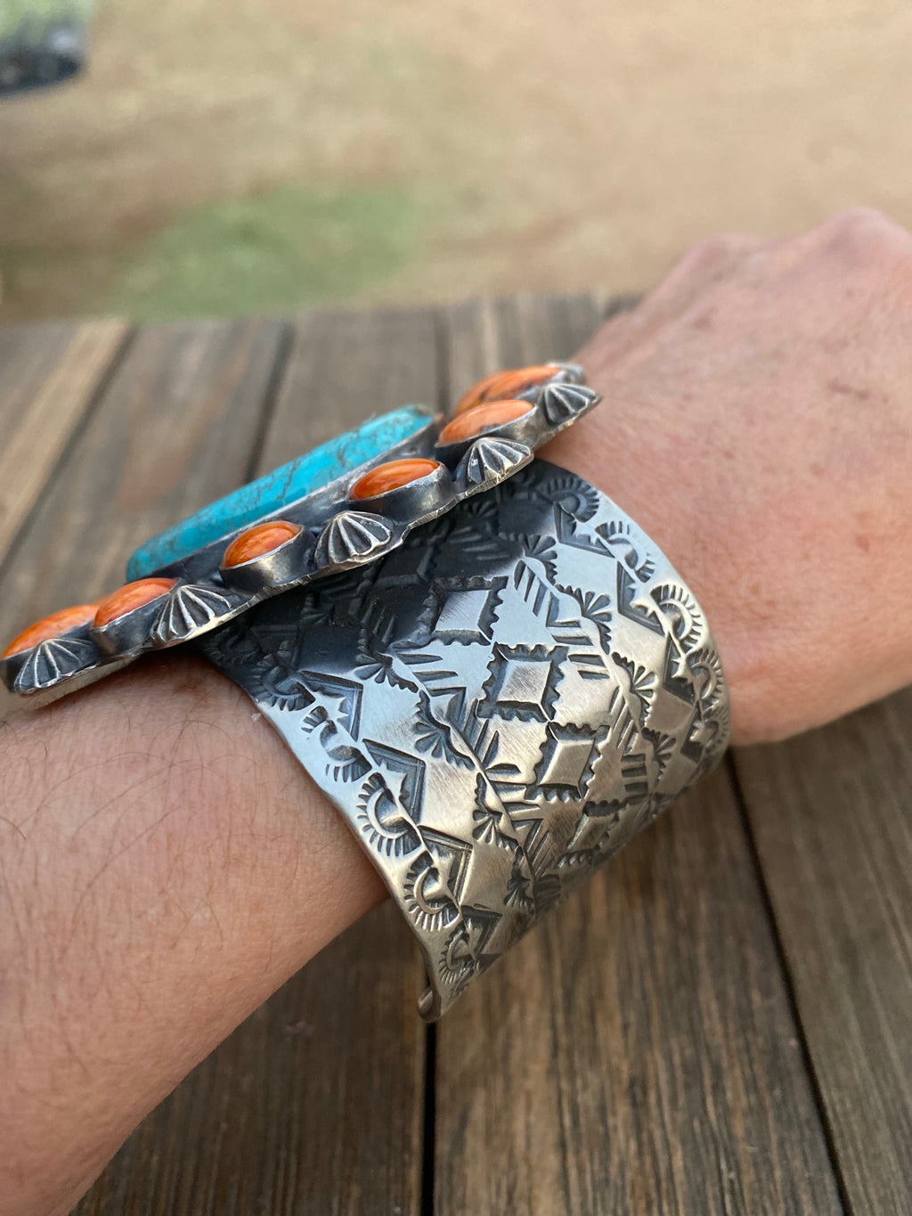 Handcrafted Kingman Turquoise & Spiny Sterling Silver Bracelet Signed /