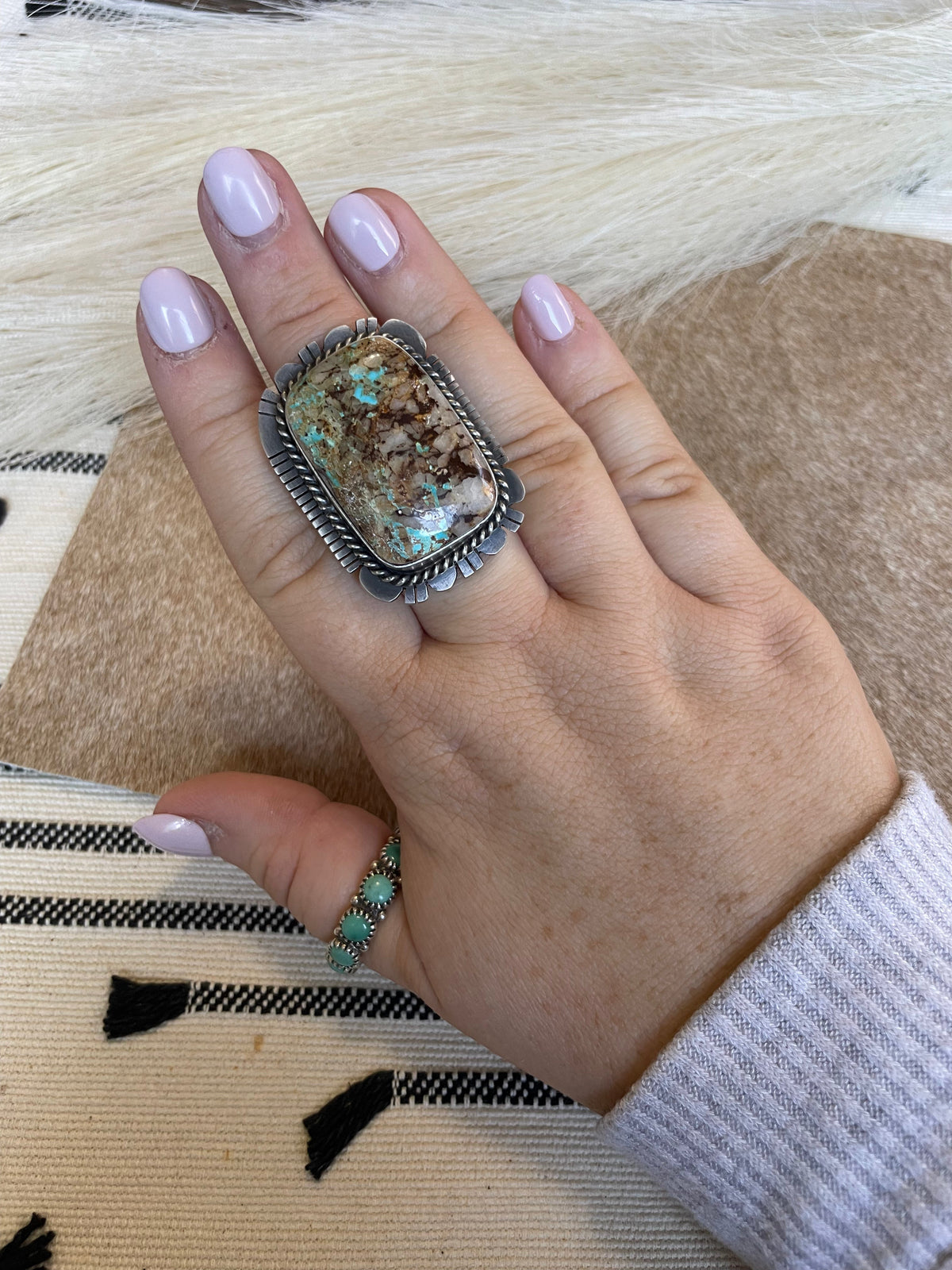 Handcrafted Turquoise & Sterling Silver Ring Size 8.5 Signed Russell Sam