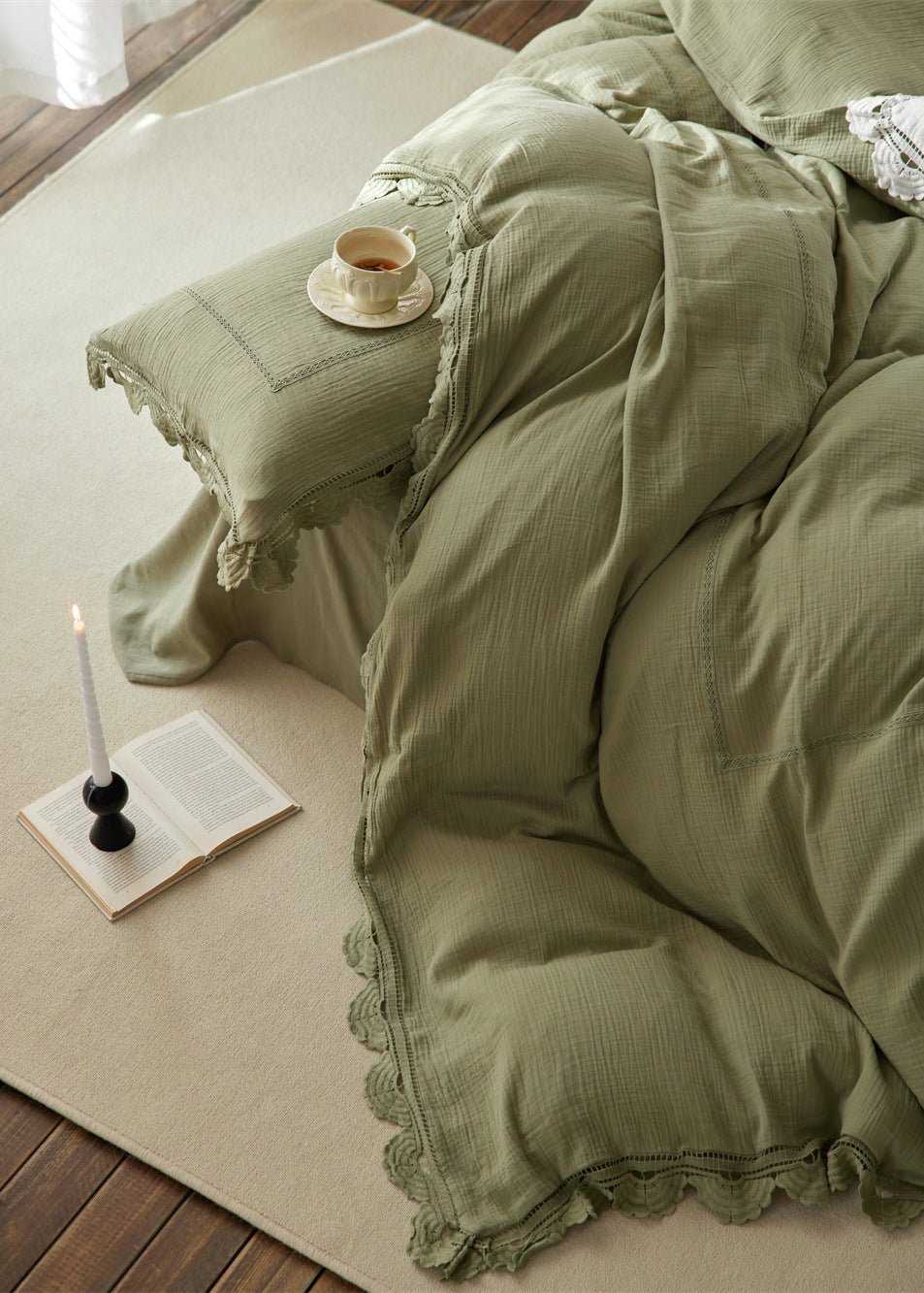 Isadora Lace Ruffle Double Gauze Bedding Set / Green