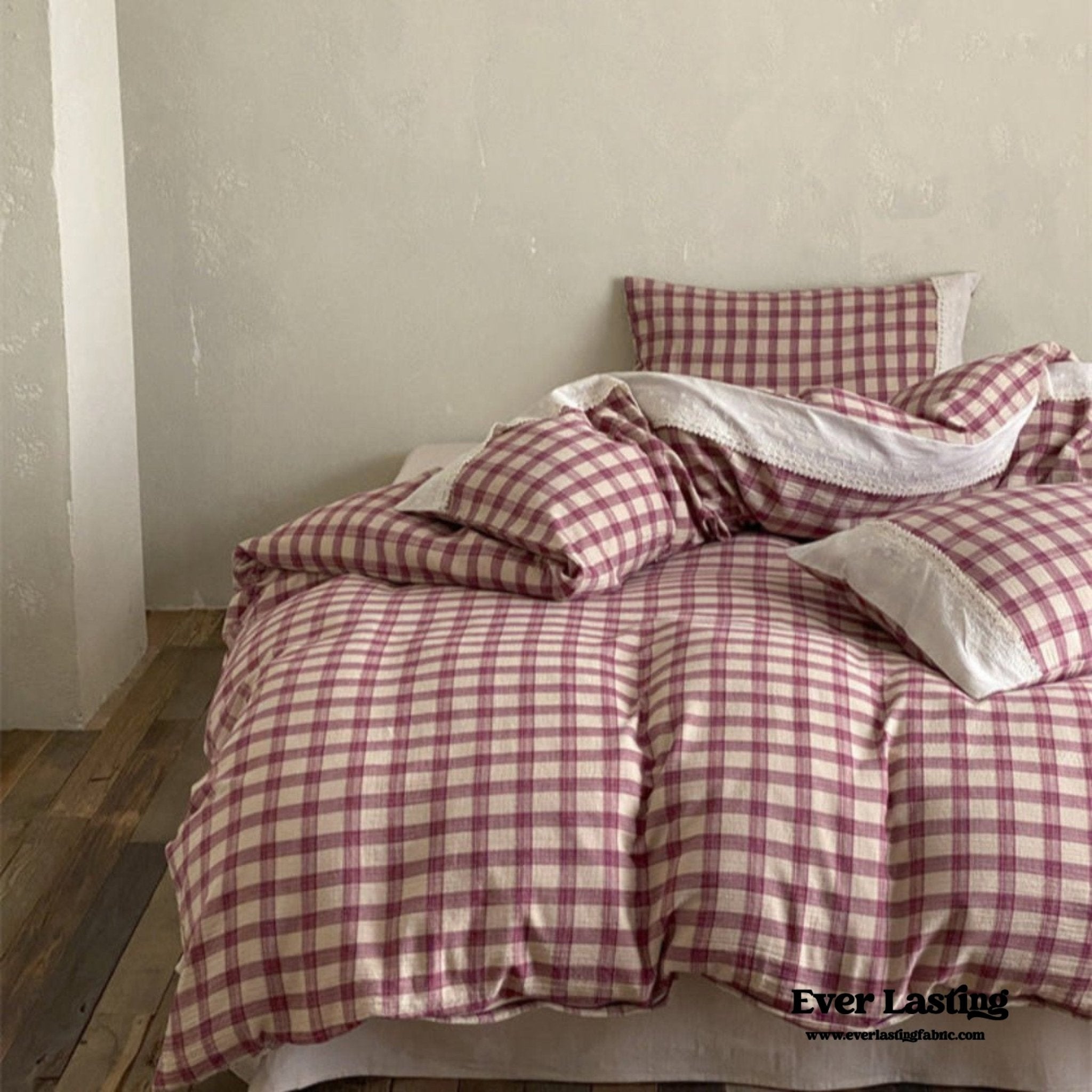 June Lace Double Gauze Gingham Bedding Set / Brown