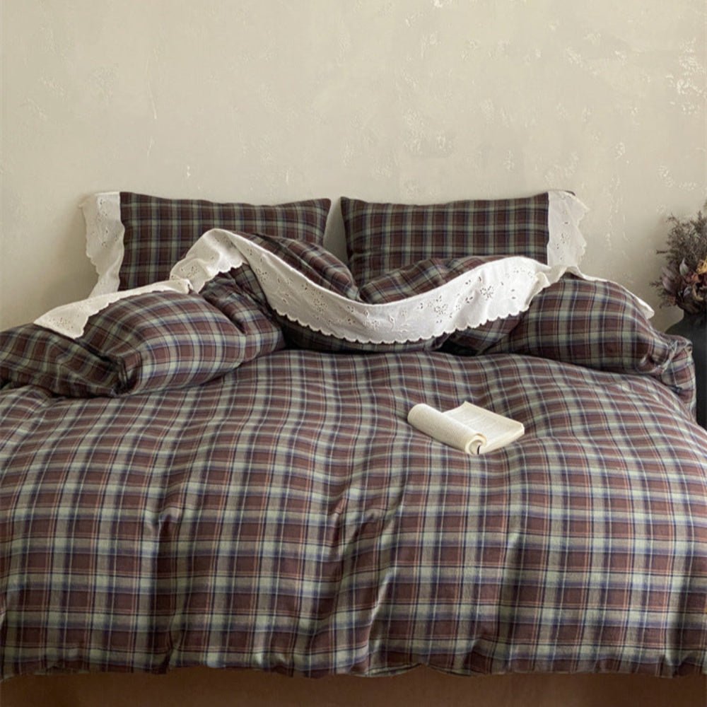 June Lace Double Gauze Gingham Bedding Set / Green