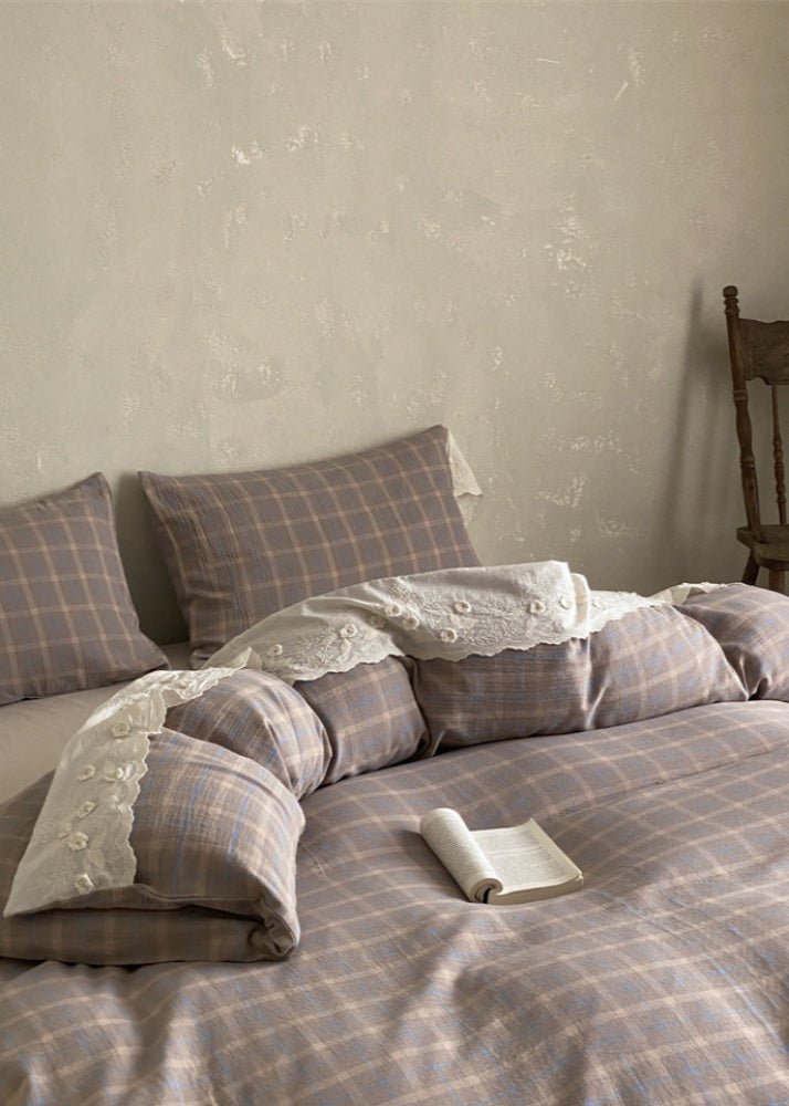 June Lace Double Gauze Gingham Bedding Set / Blue