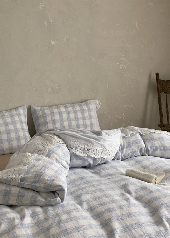 June Lace Double Gauze Gingham Bedding Set / Green
