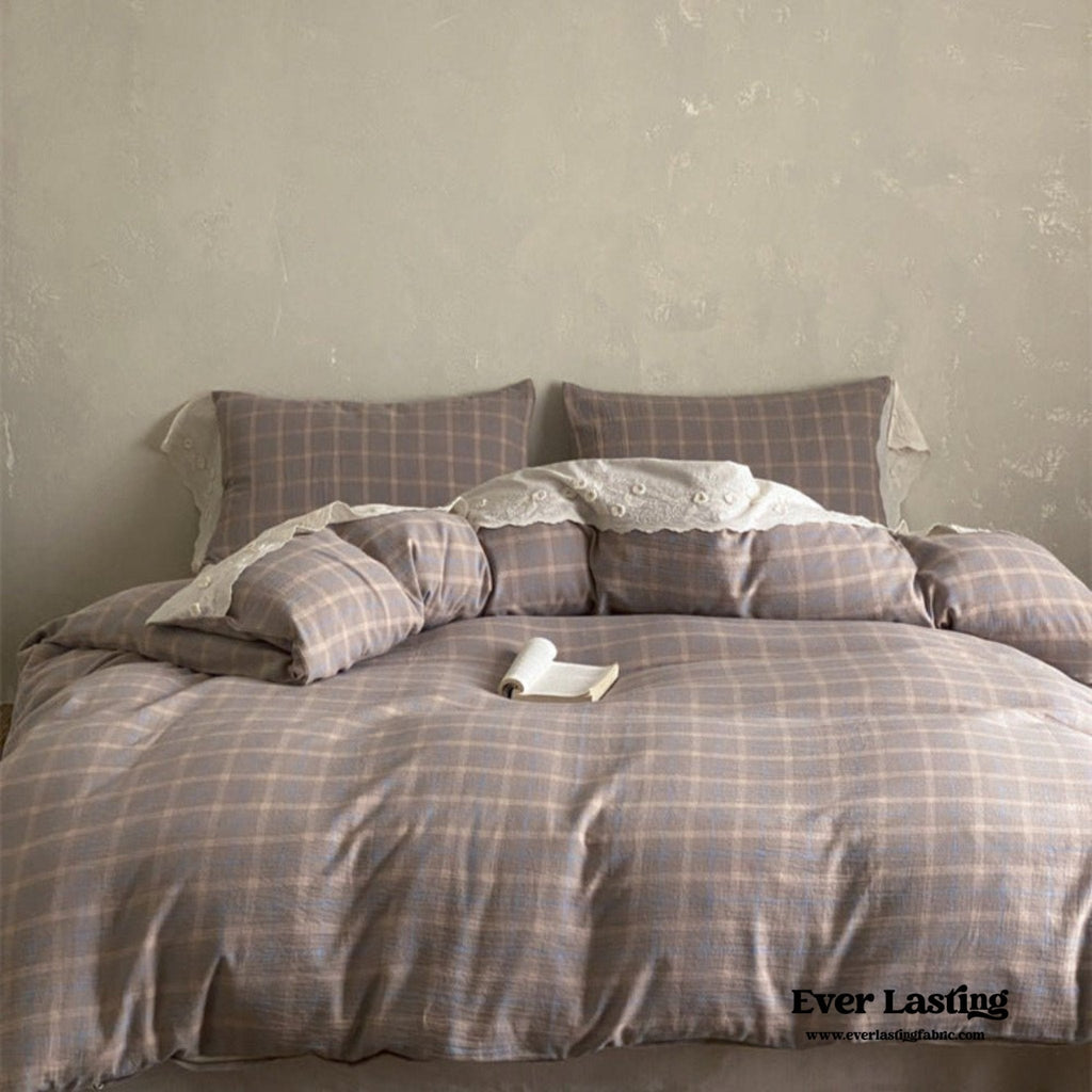 June Lace Double Gauze Gingham Bedding Set / Khaki