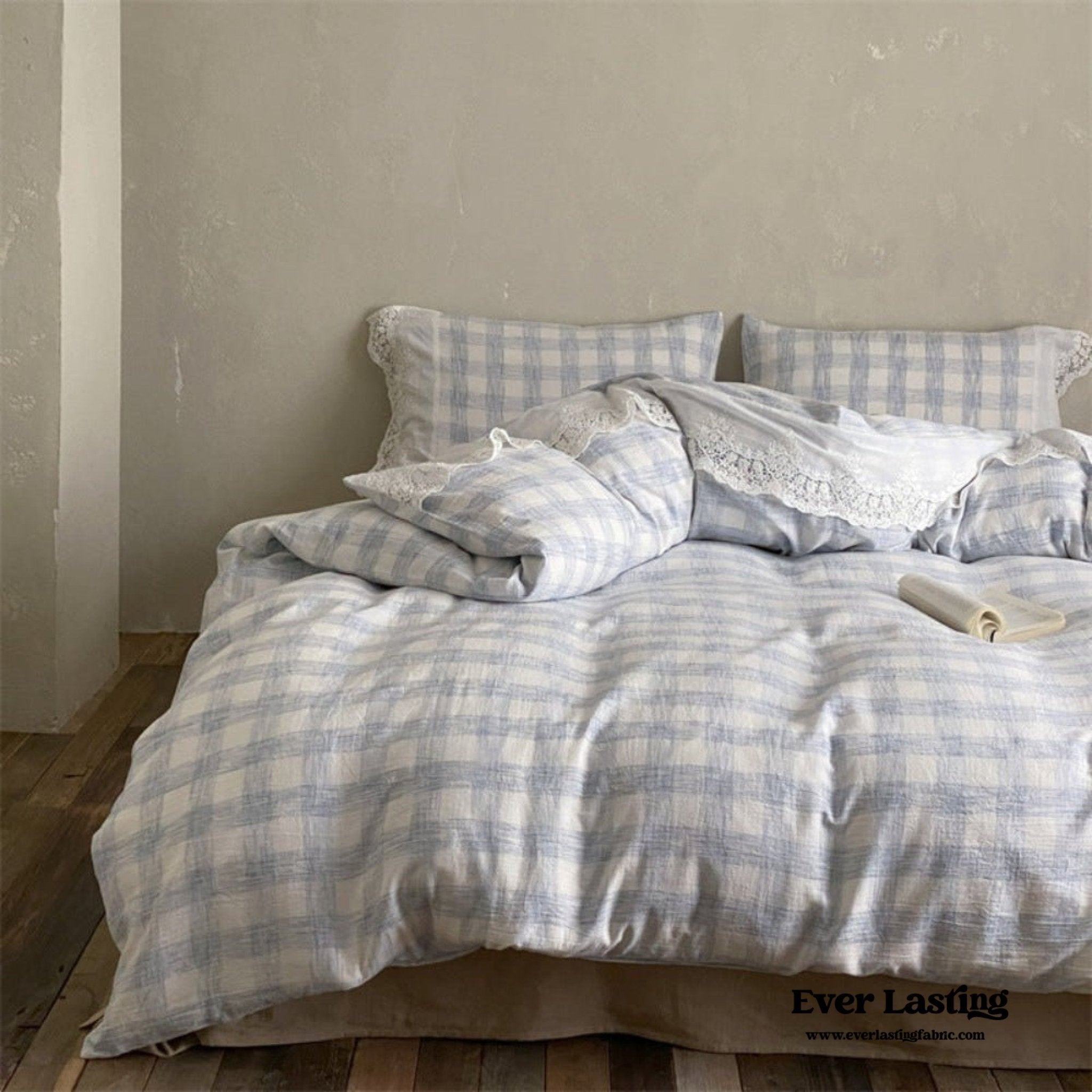 June Lace Double Gauze Gingham Bedding Set / Khaki