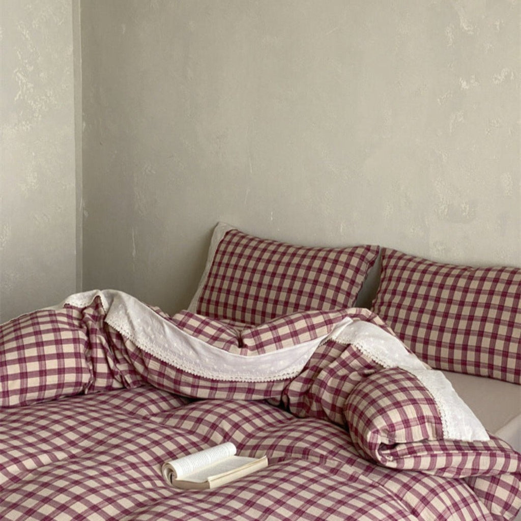 June Lace Double Gauze Gingham Bedding Set / Khaki