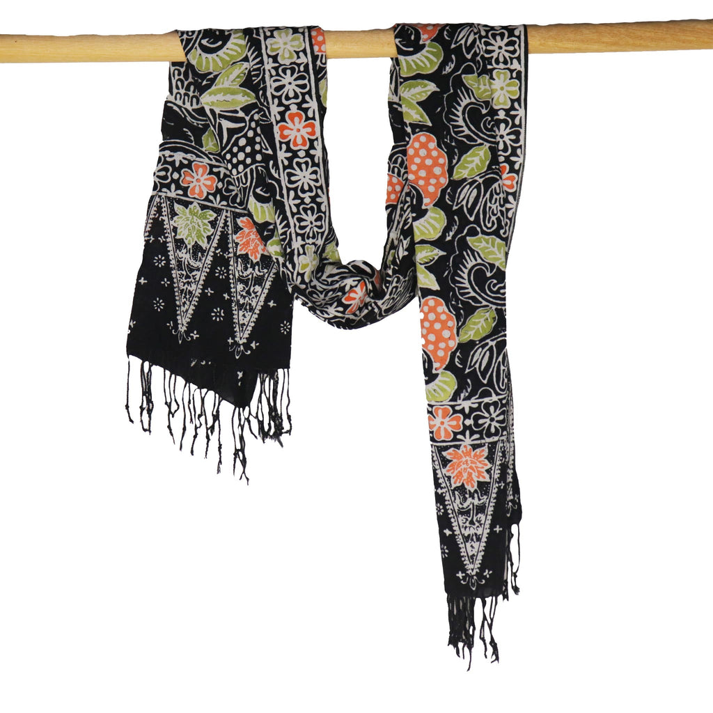 Handmade Batik Scarf Black, Orange, Green, Berries 100% Soft Cotton Dusk Petal