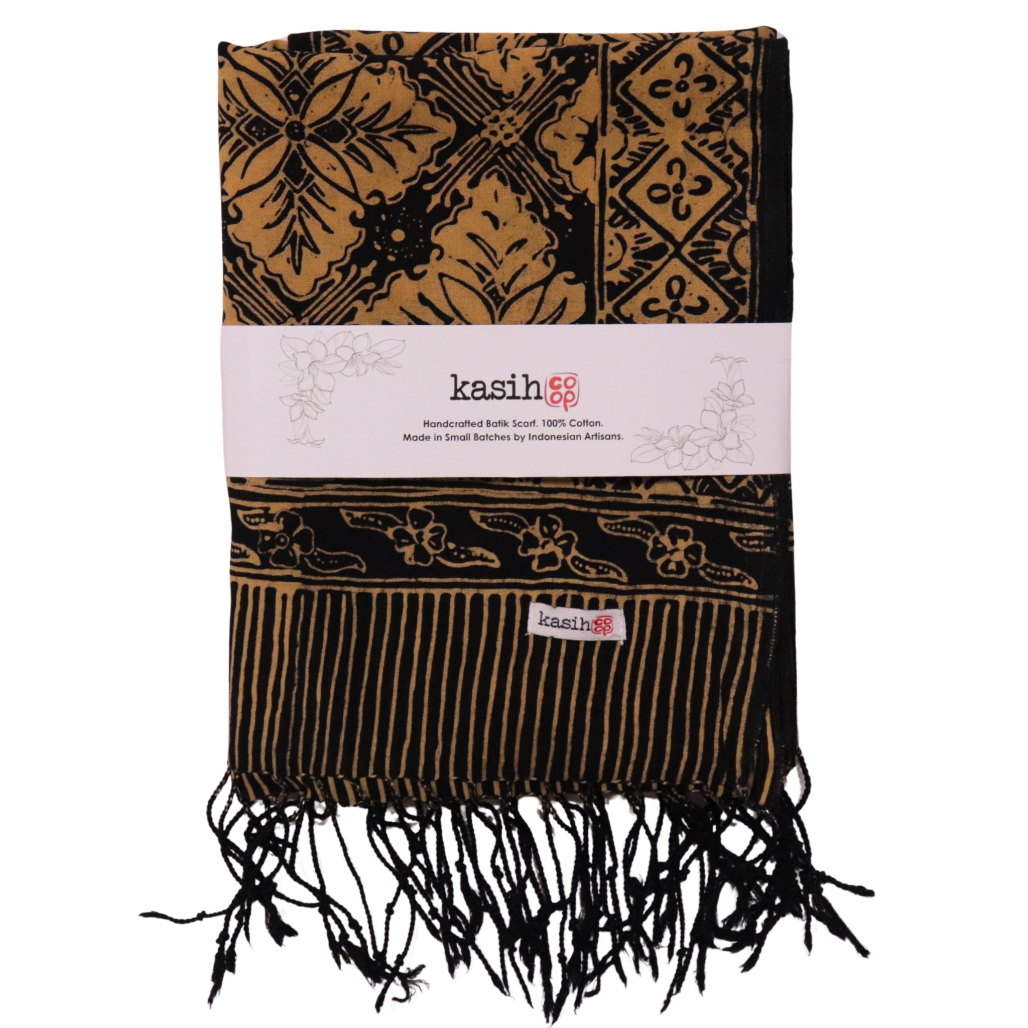 Handmade Batik Scarf, Black Brown Harvest, Hand Dyed, 100% Cotton