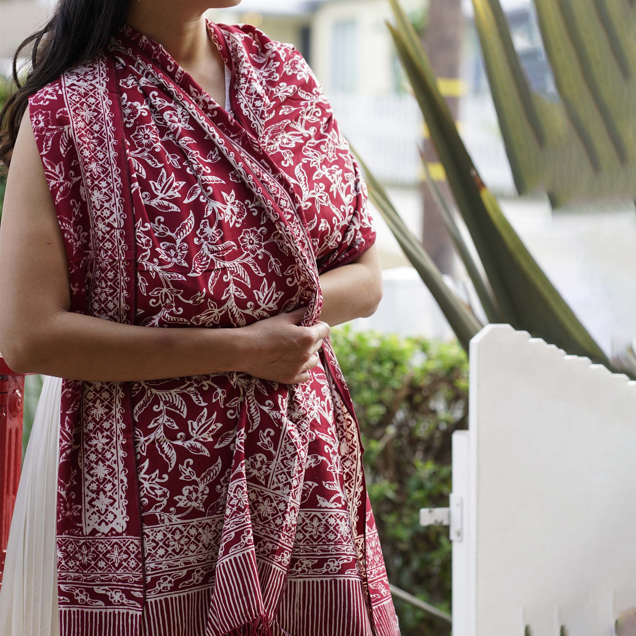 Handmade Batik Scarf, soft Cotton, Red White Cherish, Burgundy