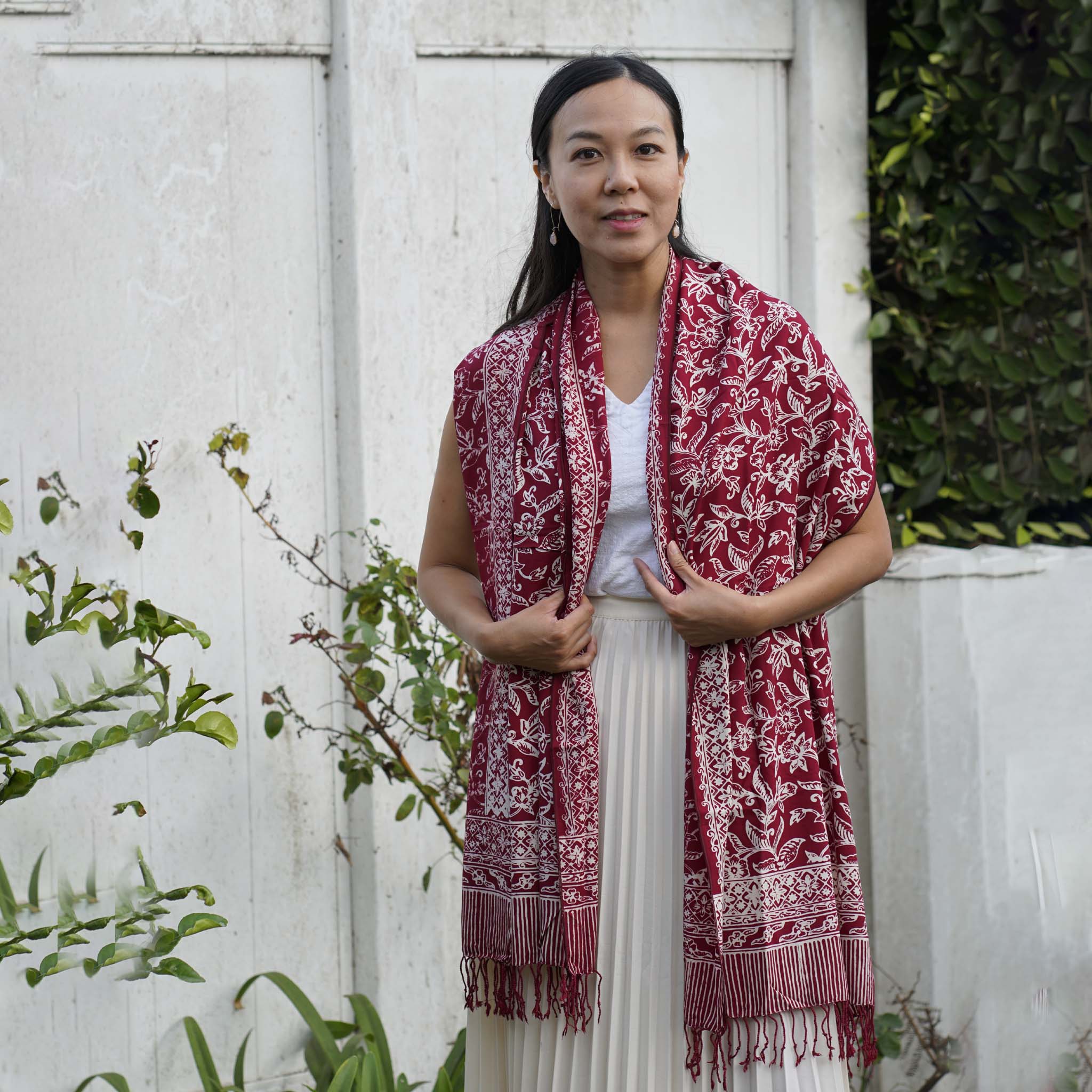 Handmade Batik Scarf, soft Cotton, Red White Cherish, Burgundy