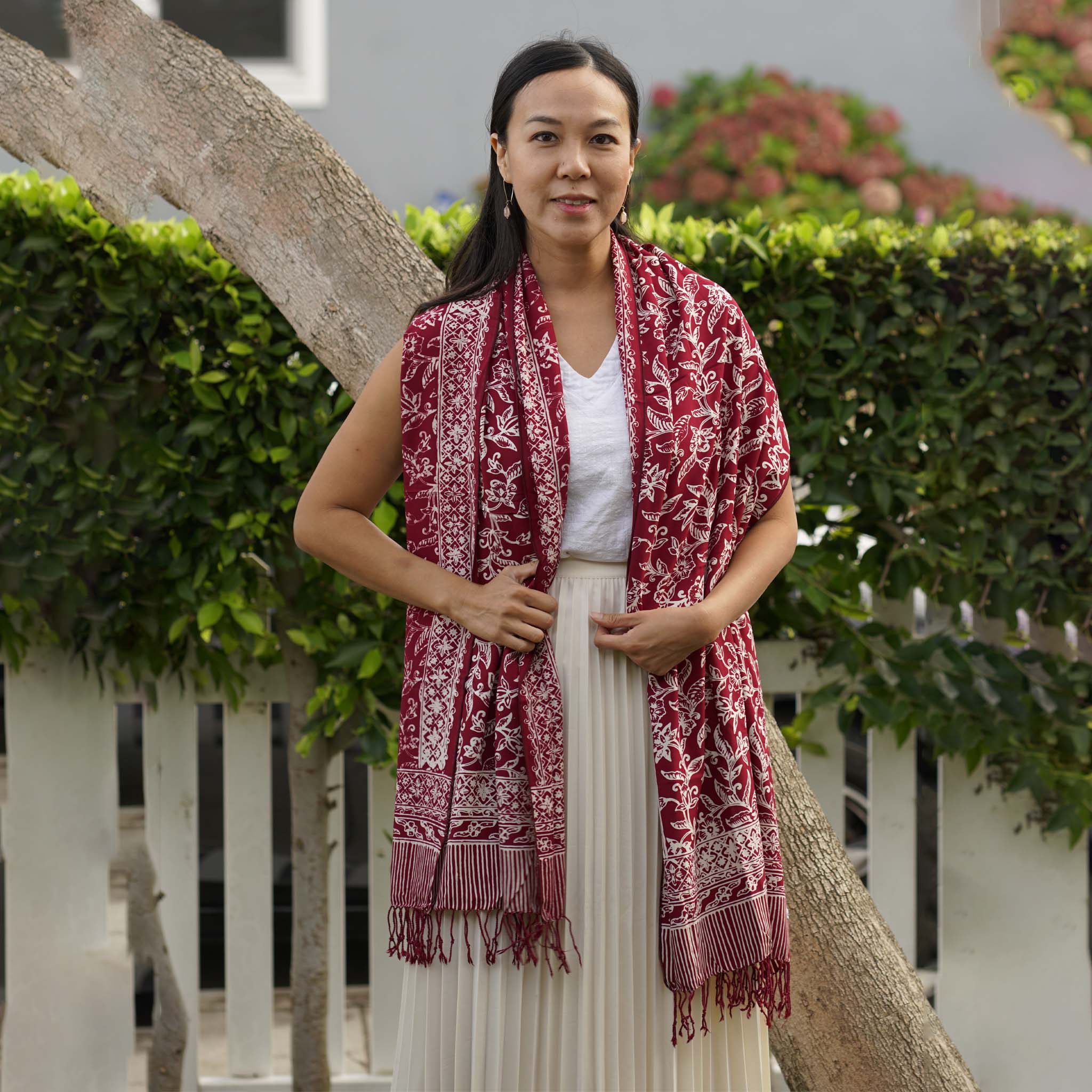 Handmade Batik Scarf, soft Cotton, Red White Cherish, Burgundy