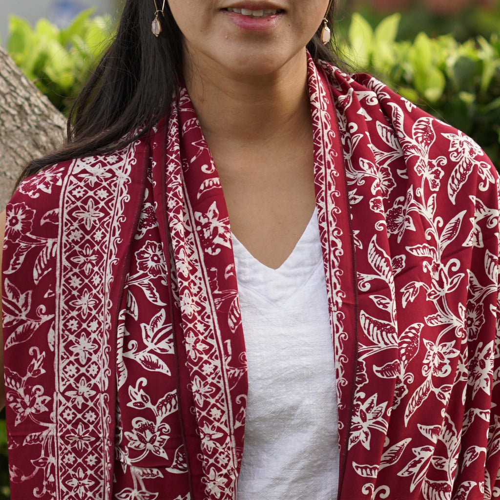 Handmade Batik Scarf, soft Cotton, Red White Cherish, Burgundy