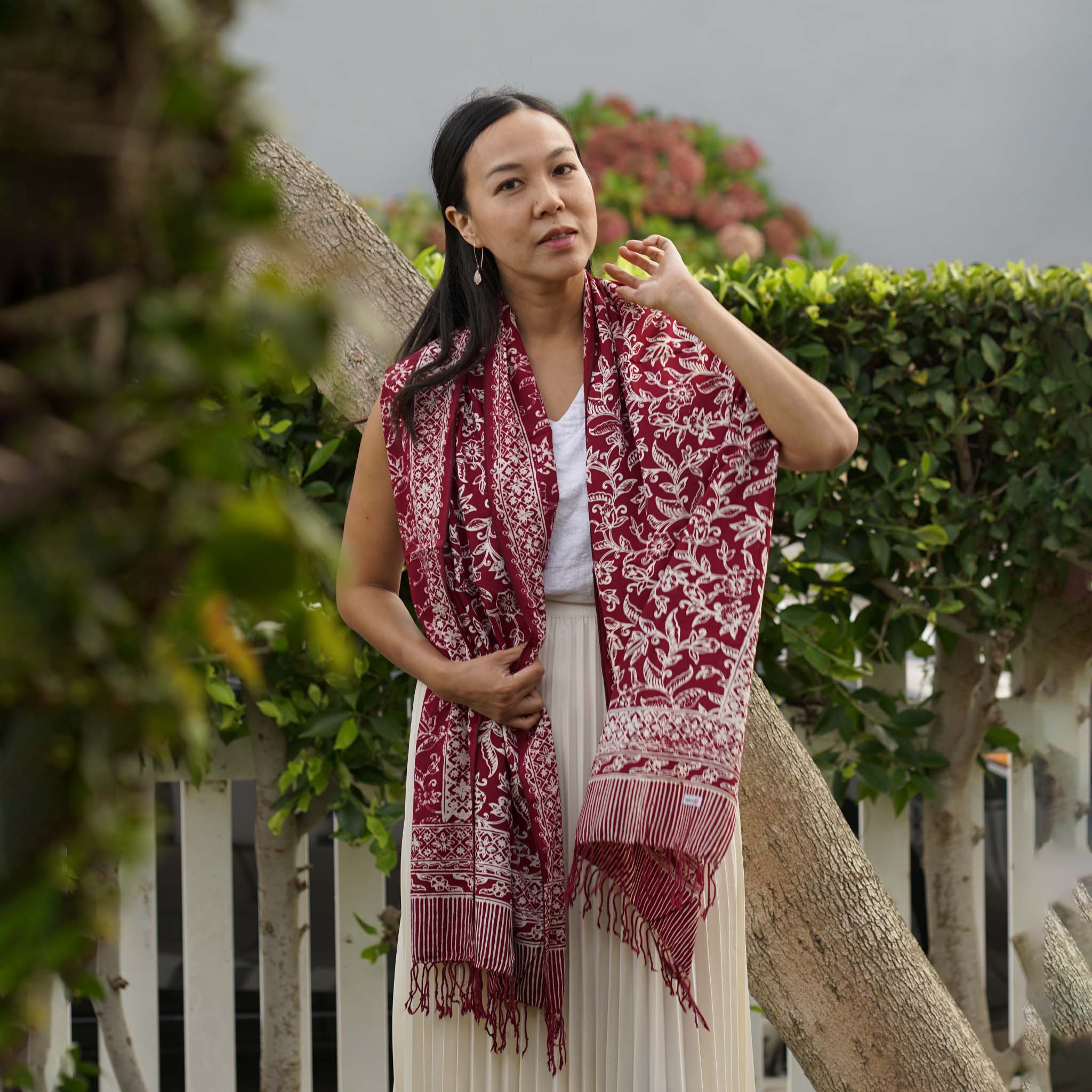 Handmade Batik Scarf, soft Cotton, Red White Cherish, Burgundy