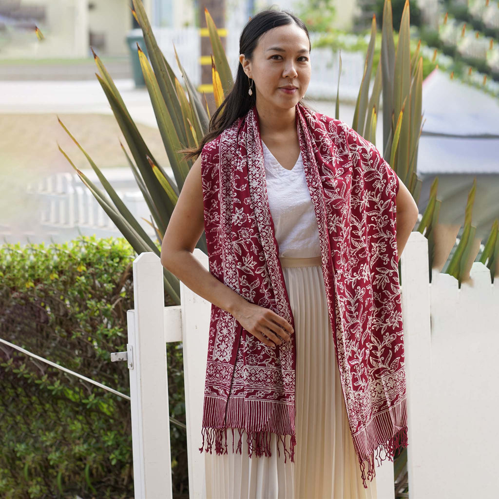 Handmade Batik Scarf, soft Cotton, Red White Cherish, Burgundy