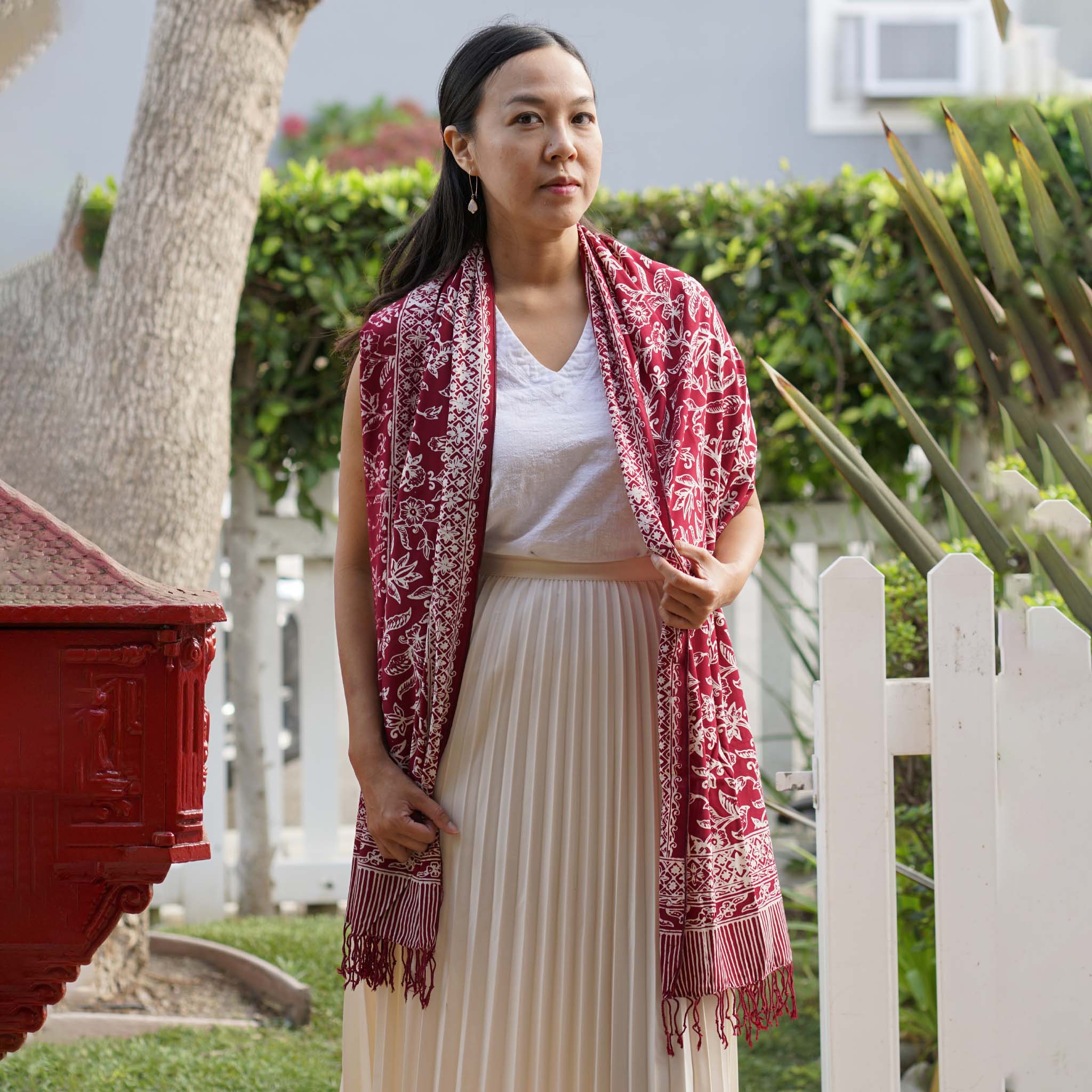 Handmade Batik Scarf, soft Cotton, Red White Cherish, Burgundy