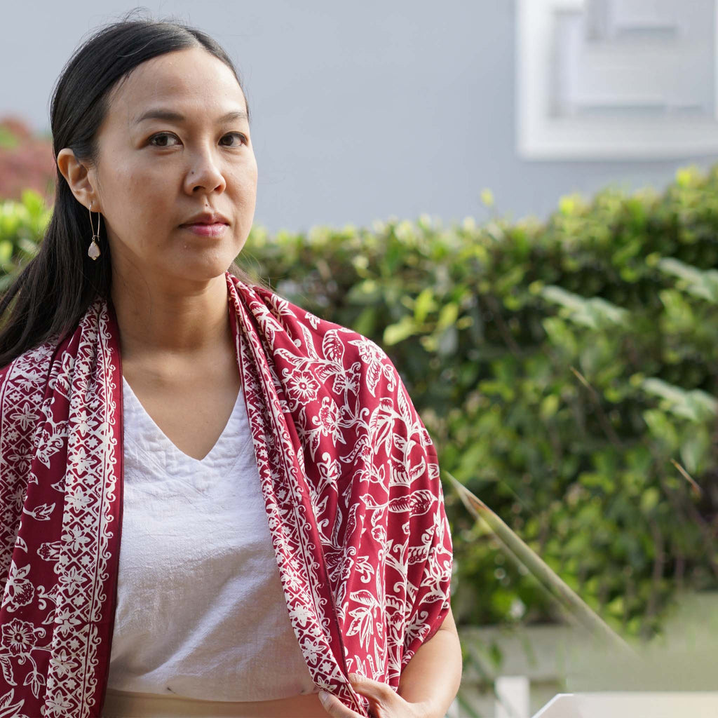 Handmade Batik Scarf, soft Cotton, Red White Cherish, Burgundy