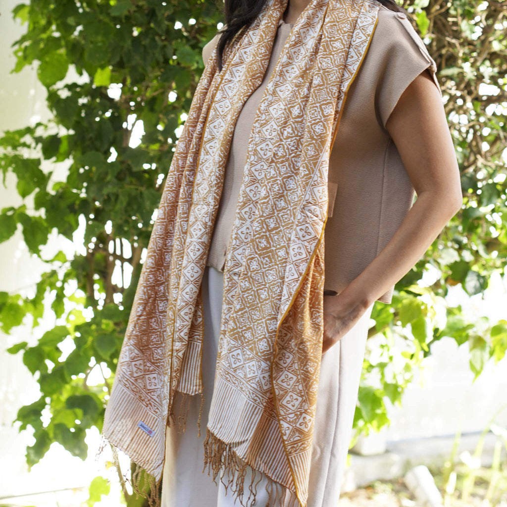 Handmade Batik Scarf, Soft Cotton, Frangipani, Kamboja, Yellow, Brown, Cream, Fall, Autumn