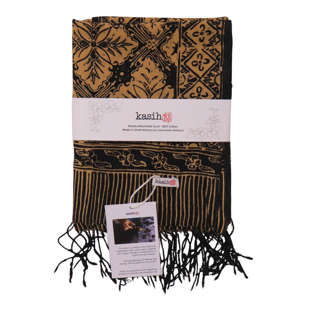 Handmade Batik Scarf, Black Brown Harvest, Hand Dyed, 100% Cotton