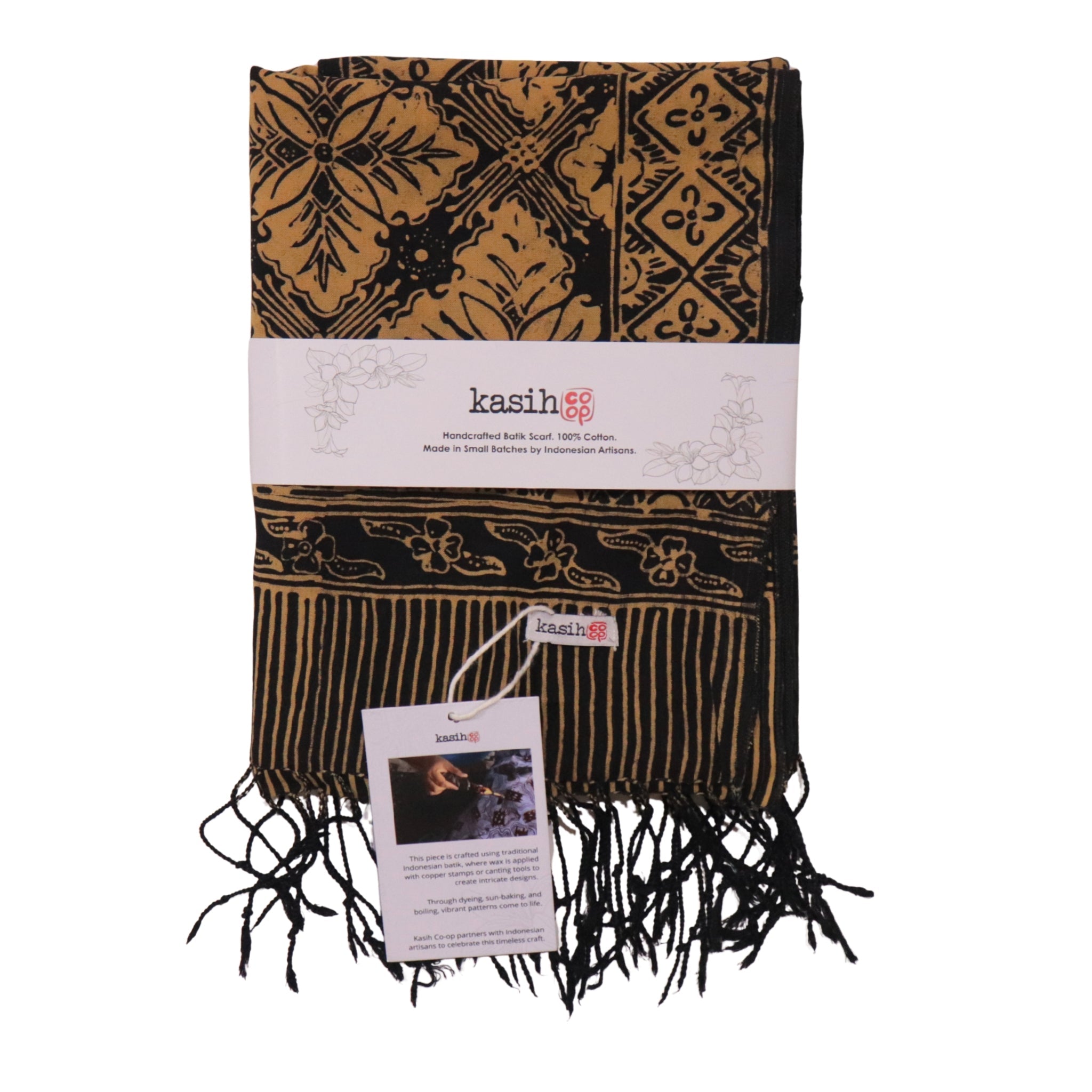 Handmade Batik Scarf, Black Brown Harvest, Hand Dyed, 100% Cotton