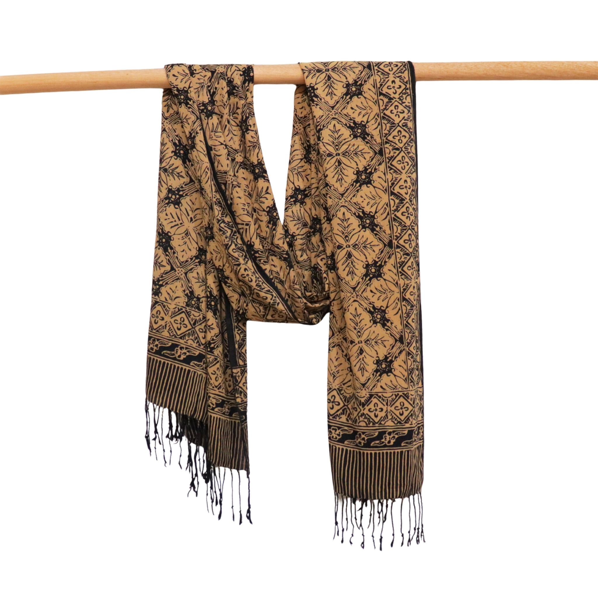 Handmade Batik Scarf, Black Brown Harvest, Hand Dyed, 100% Cotton