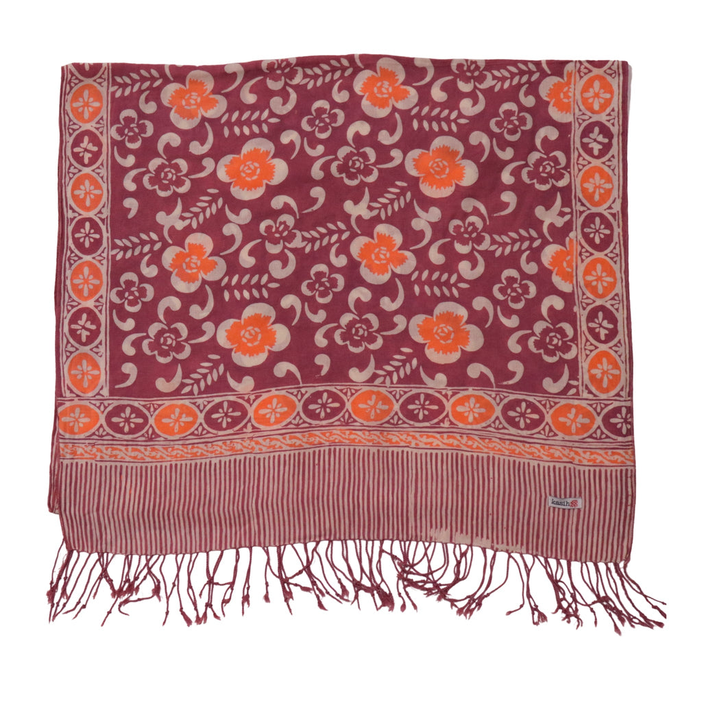 Handmade Batik Scarf, Cotton, Plumeria, Pink, Purple, Peach