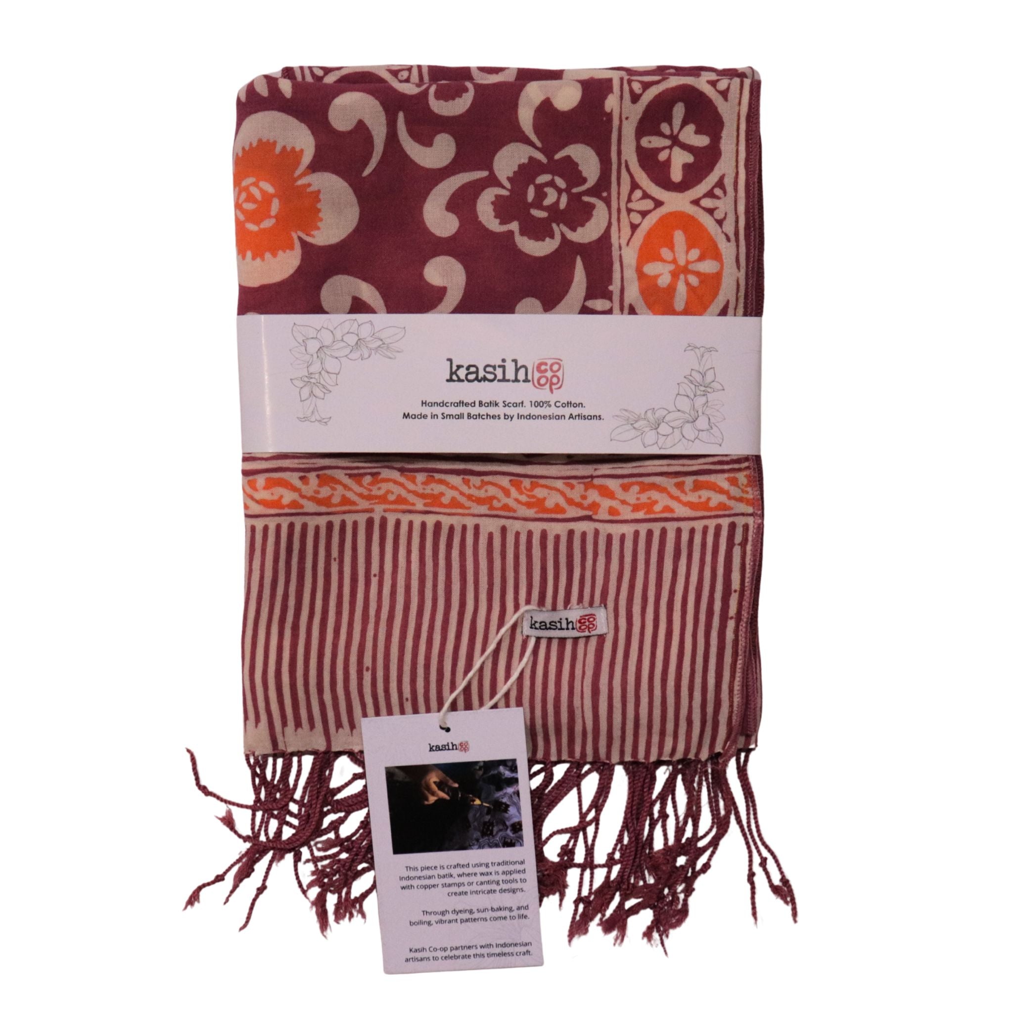 Handmade Batik Scarf, Cotton, Plumeria, Pink, Purple, Peach