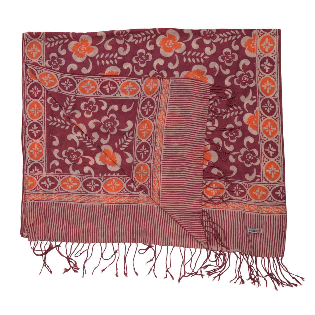 Handmade Batik Scarf, Cotton, Plumeria, Pink, Purple, Peach