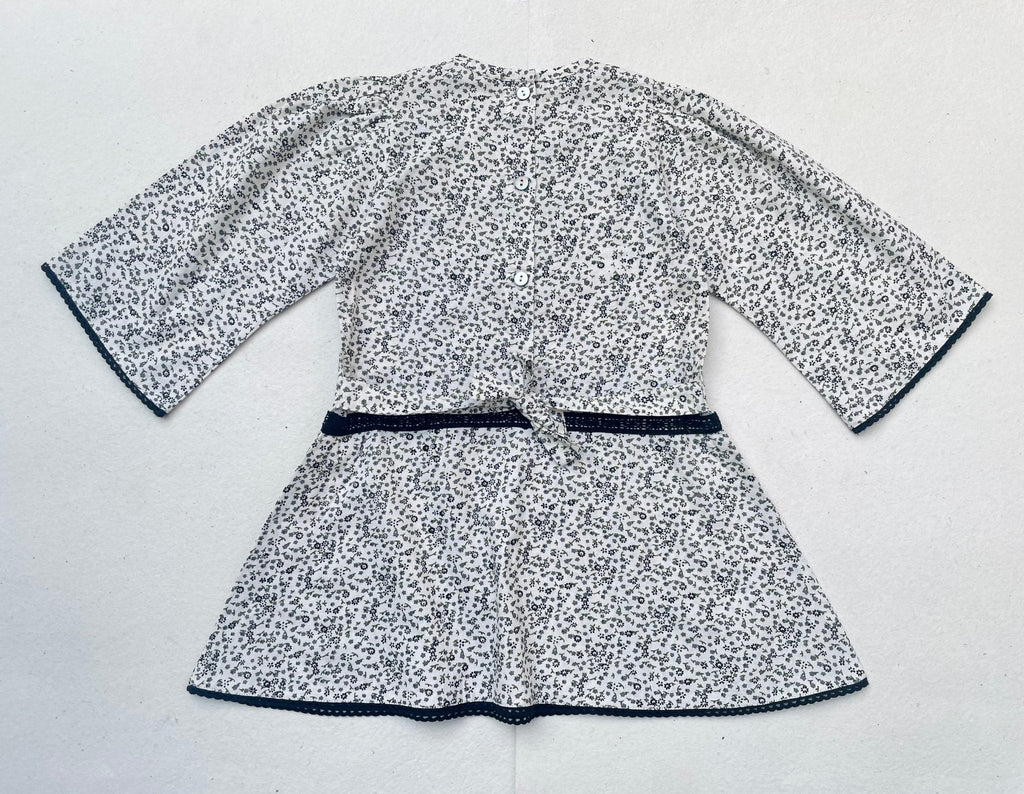 Lace Yoke Off-White & Grey Printed Dress