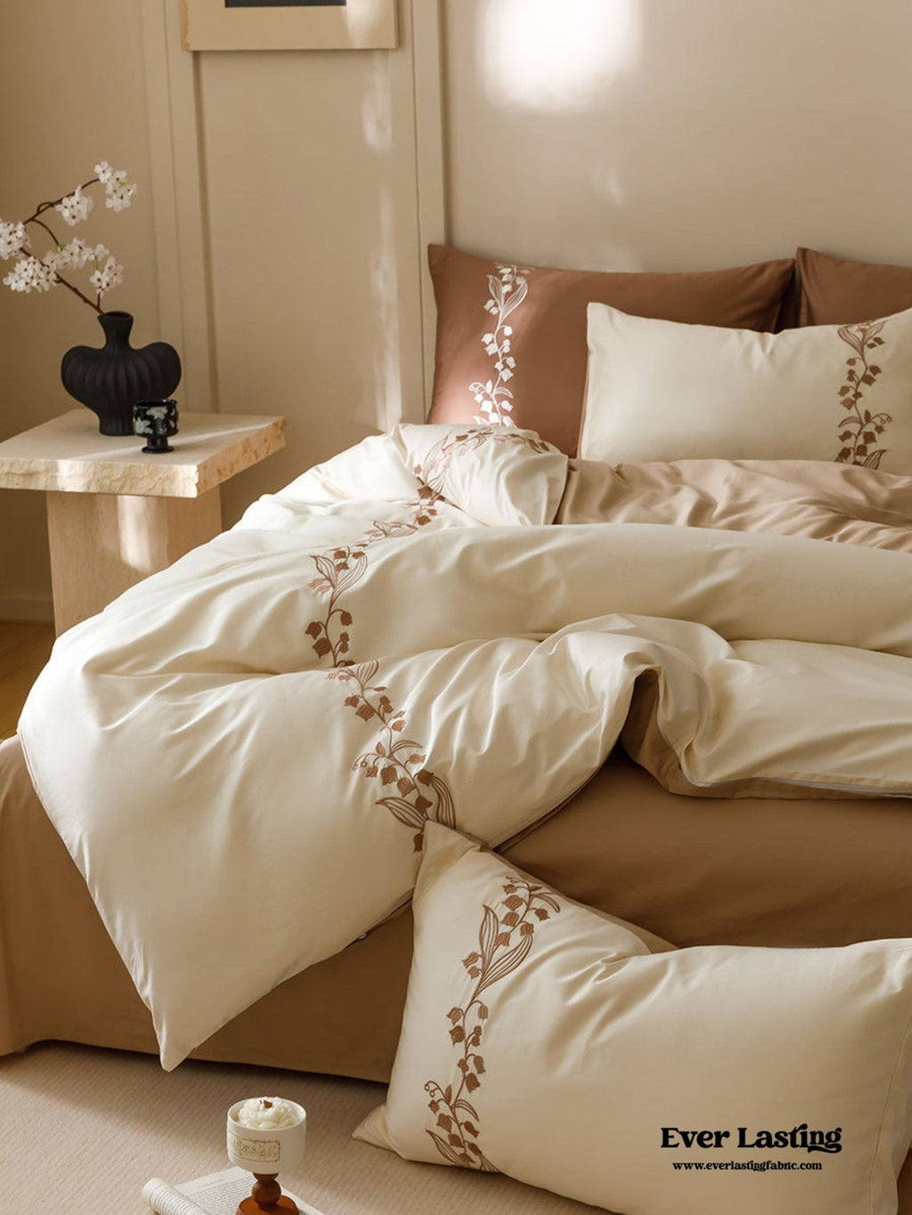 Lily of the Valley Embroidered Silky Bedding Set / Cream