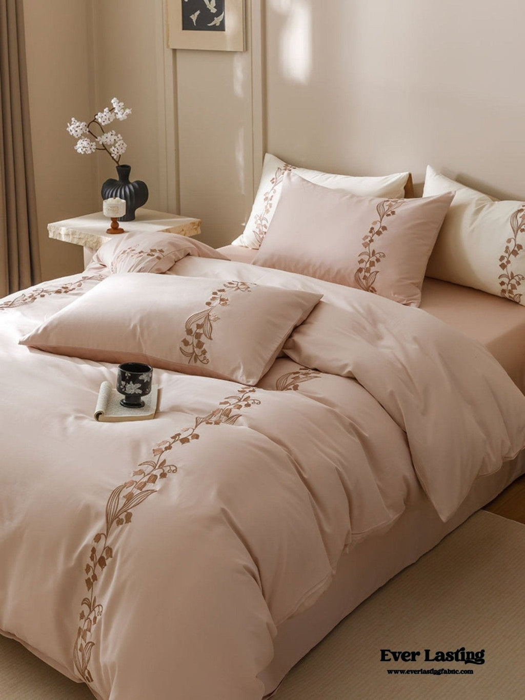 Lily of the Valley Embroidered Silky Bedding Set / Pink
