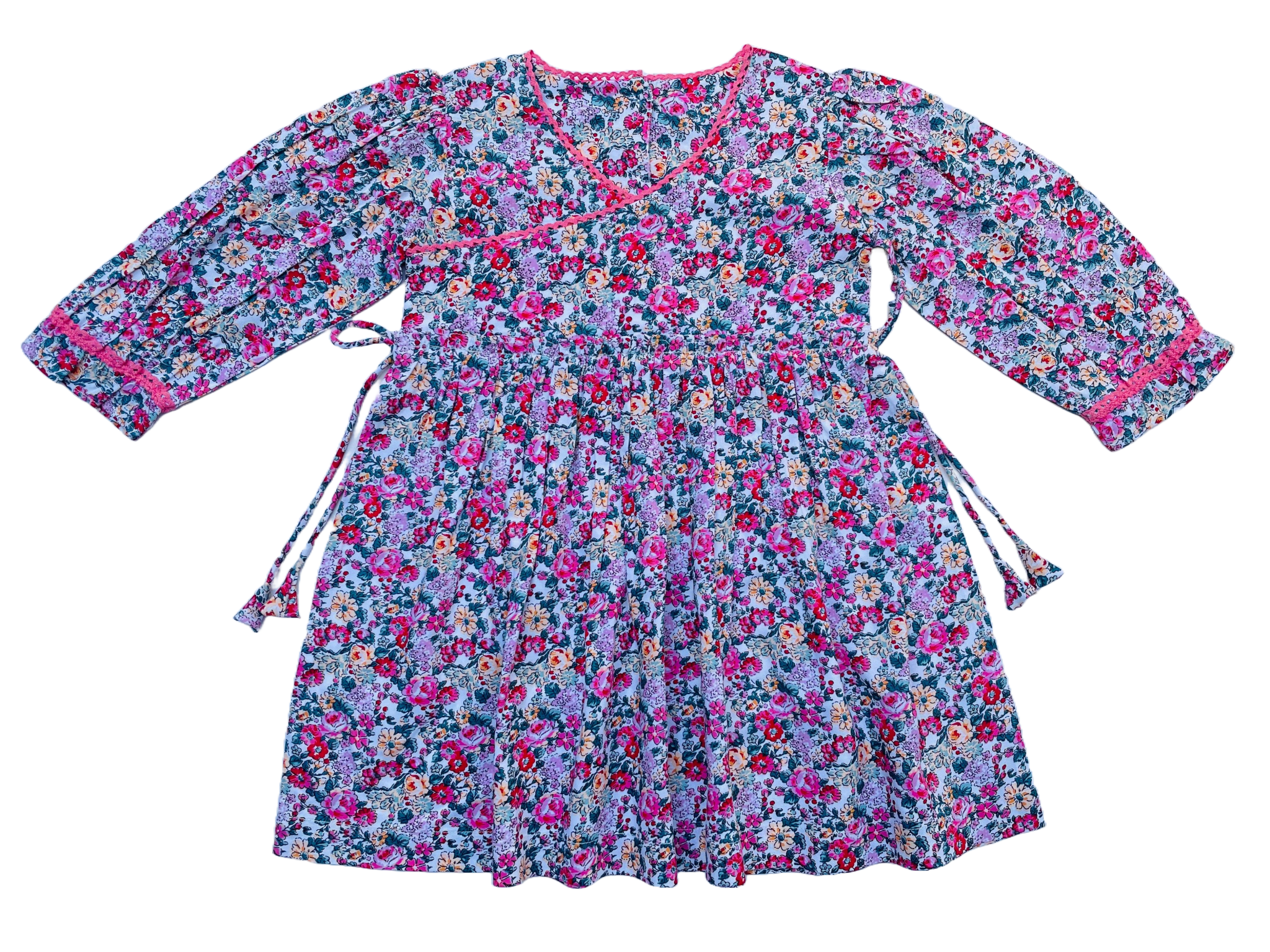 Long Sleeves Pink Bloom Overlap Girl's Cotton Dress