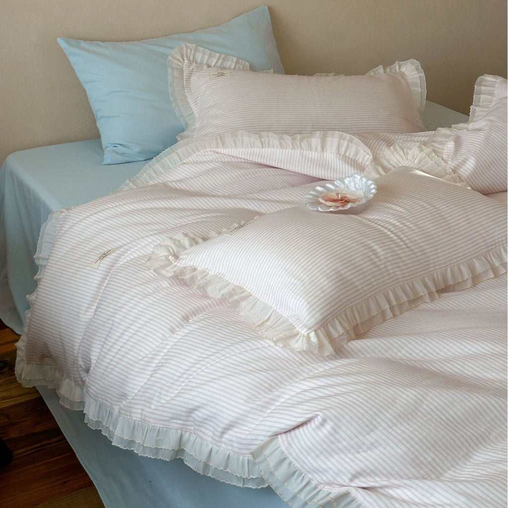 Mabel Lace Double Gauze Striped Bedding Set / Pink