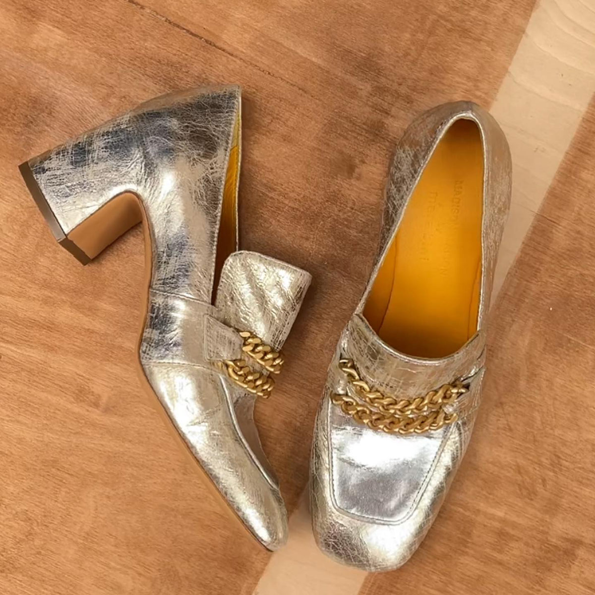 Gold/Silver Leather Mid Heel Loafer W/Chain