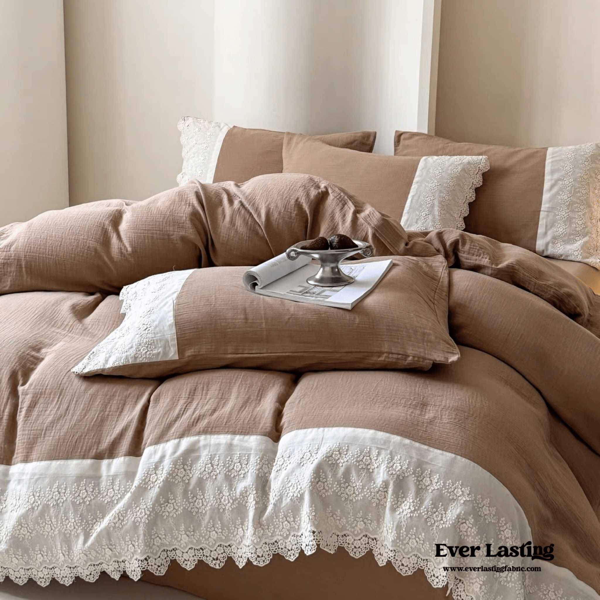 Margaux Lace Double Gauze Bedding Set / Beige Brown