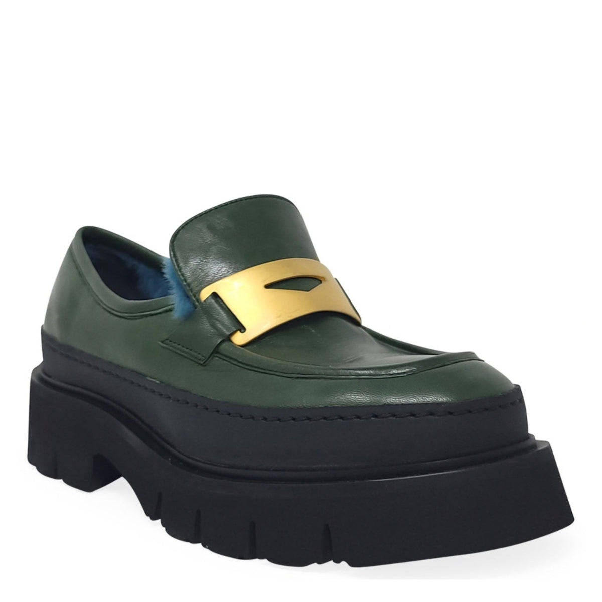 Green Leather Chunky Loafer With Shearling