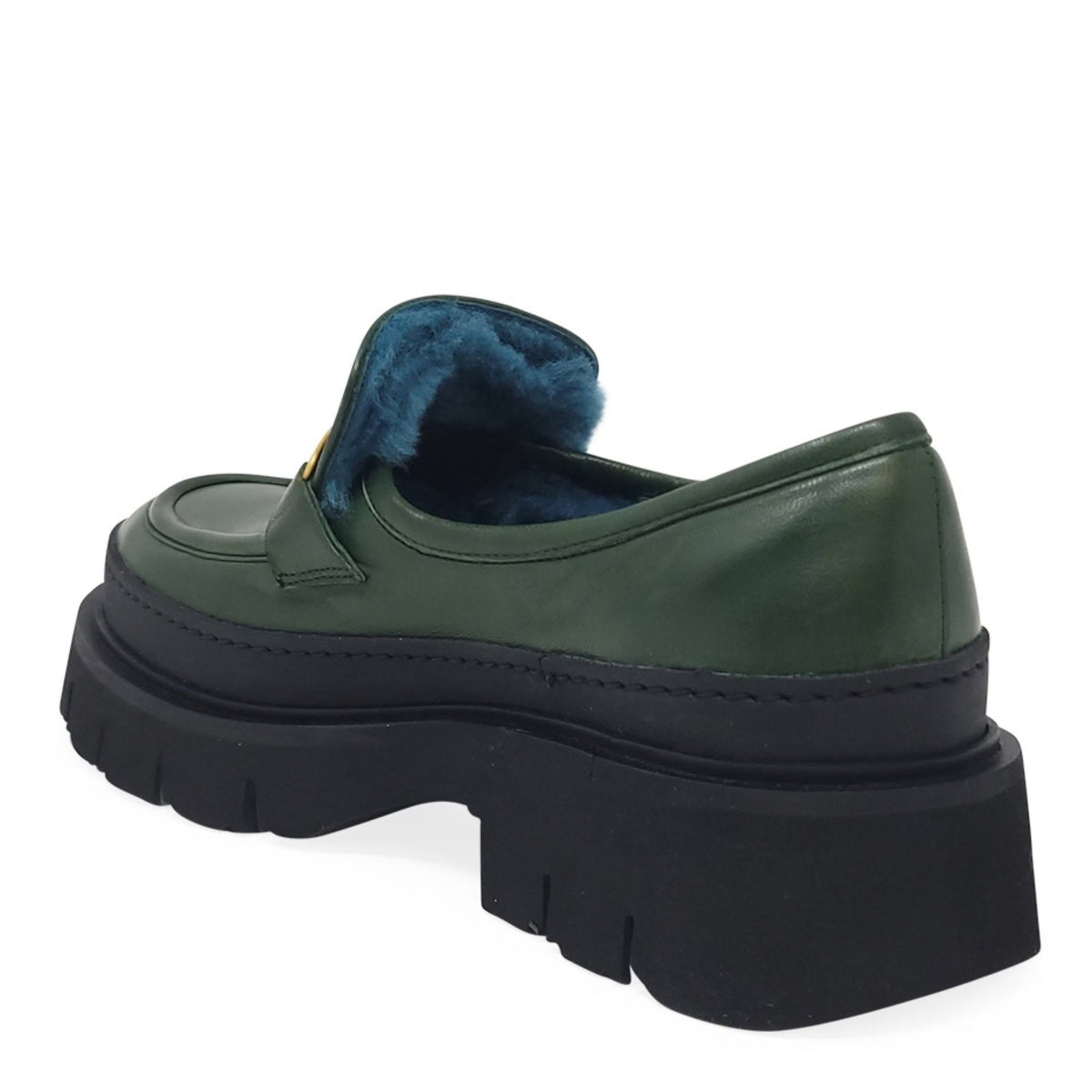 Green Leather Chunky Loafer With Shearling