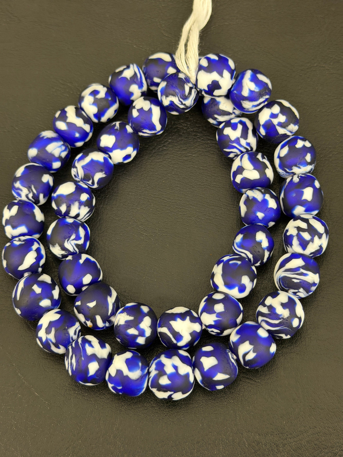 Fused Krobo Recycled Glass Beads 12–14mm | Cobalt Blue, Ivory & Black Handmade African Glass Beads from Ghana