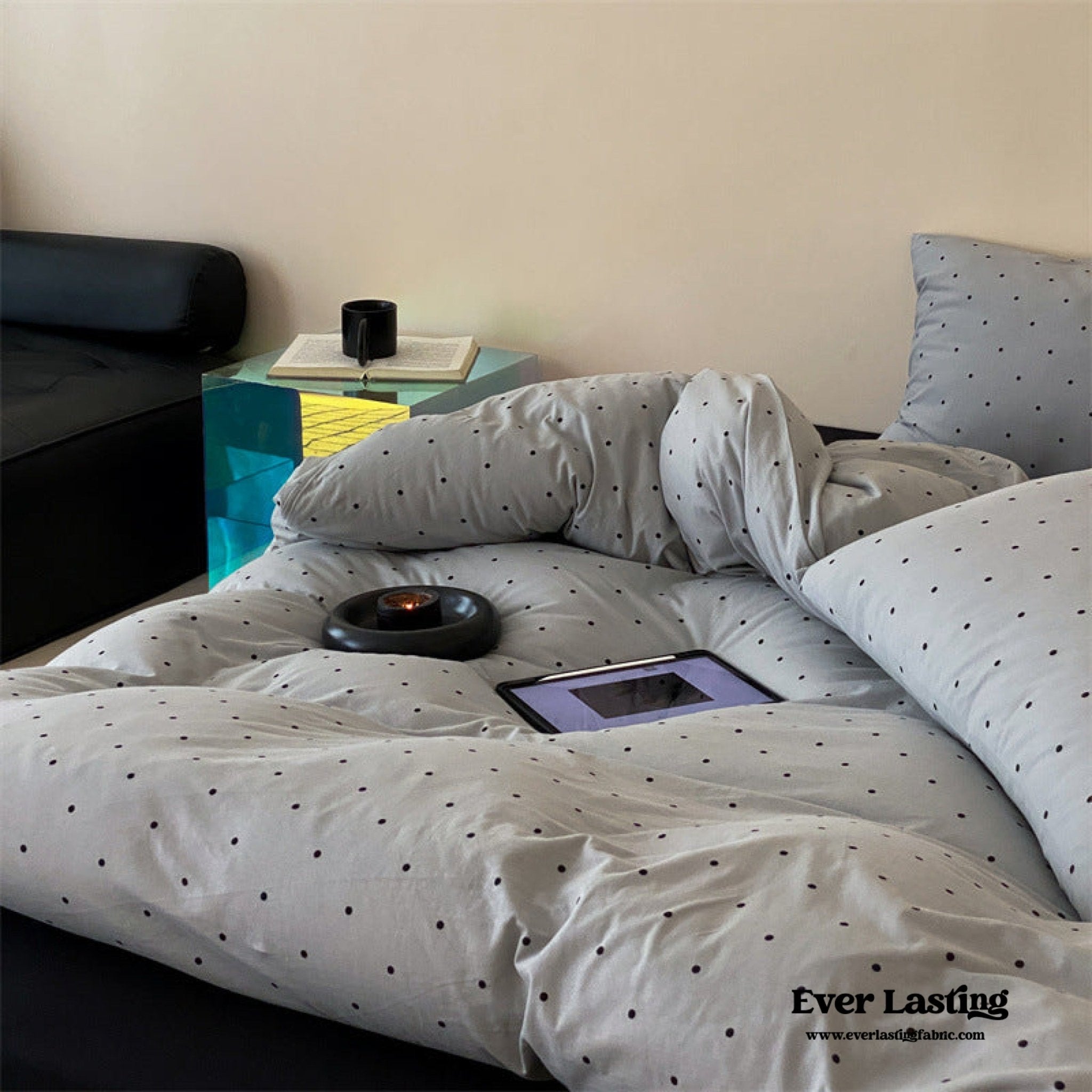 Mini Polka Dot Jersey Knit Bedding Set / Blue + Black
