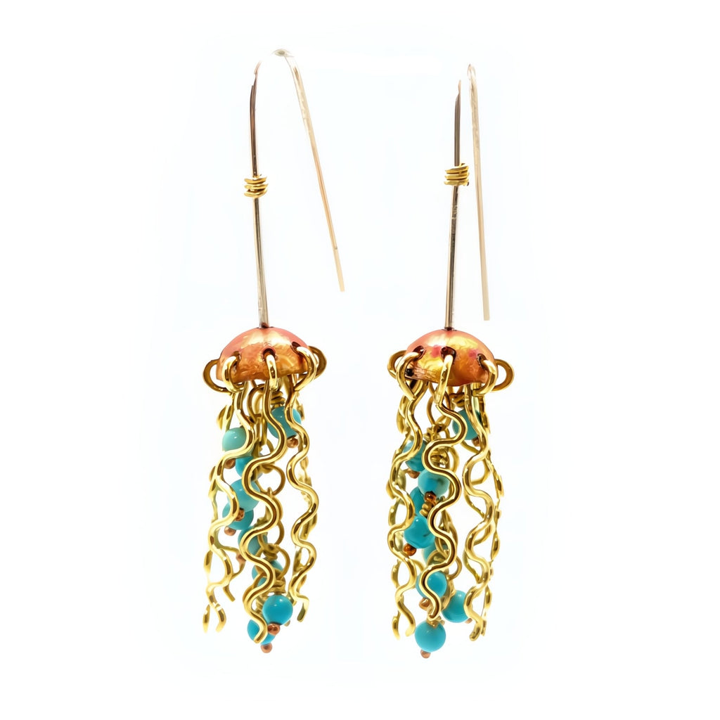 Mini Red Copper Jellyfish Earrings with Turquoise Beads and Sterling Silver Earwires