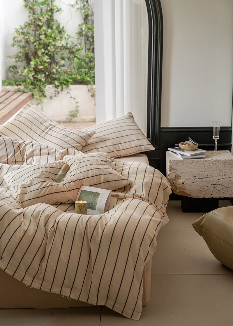 Minimalist Vertical Stripe Bow Ties Bedding Set / Beige Custard